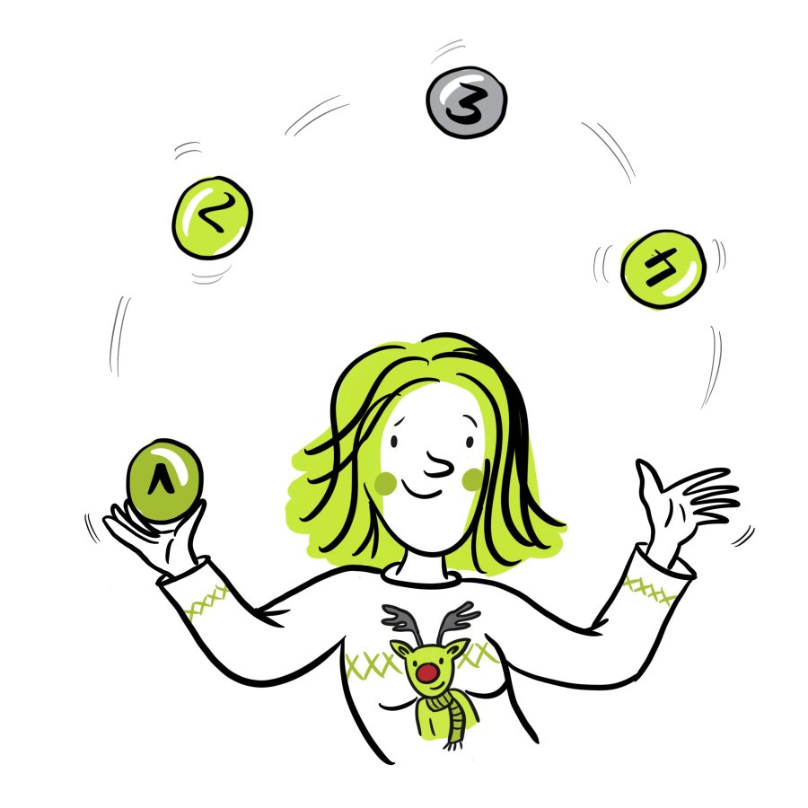 Gezeichnete Graphic Recorderin im Weihnachtspullover mit Rentier jongliert vier grüne und graue Kugeln mit den Zahlen 1 bis 4, als Symbol für die vier Schritte zum gezeichneten Jahresrückblick.